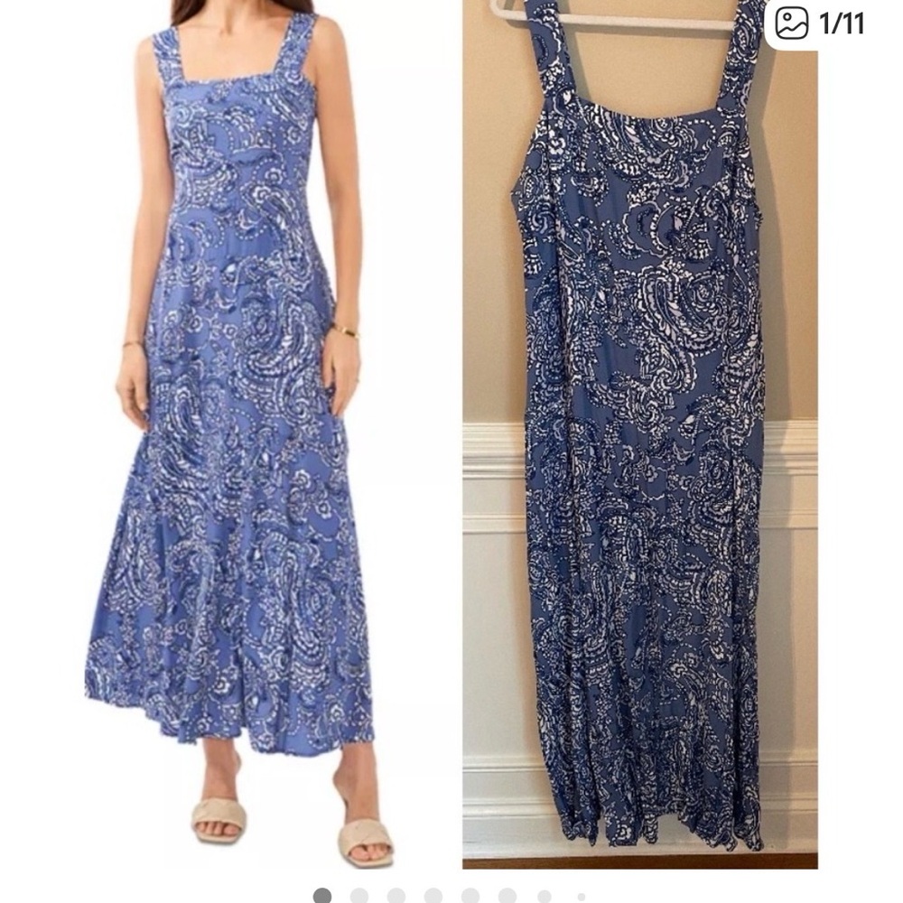 Vince Camuto Size 2X Blue Paisley Sleeveless Tiered Maxi Dress Smocked Back